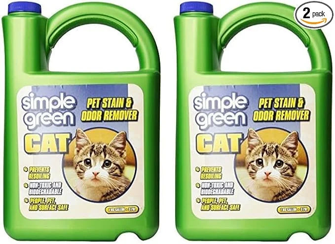 Simple Green Cat Stain & Odor Remover - Enzyme Cleaner for Cat Urine, Feces, Blood, Vomit (1 Gallon Refill) (Pack of 2)