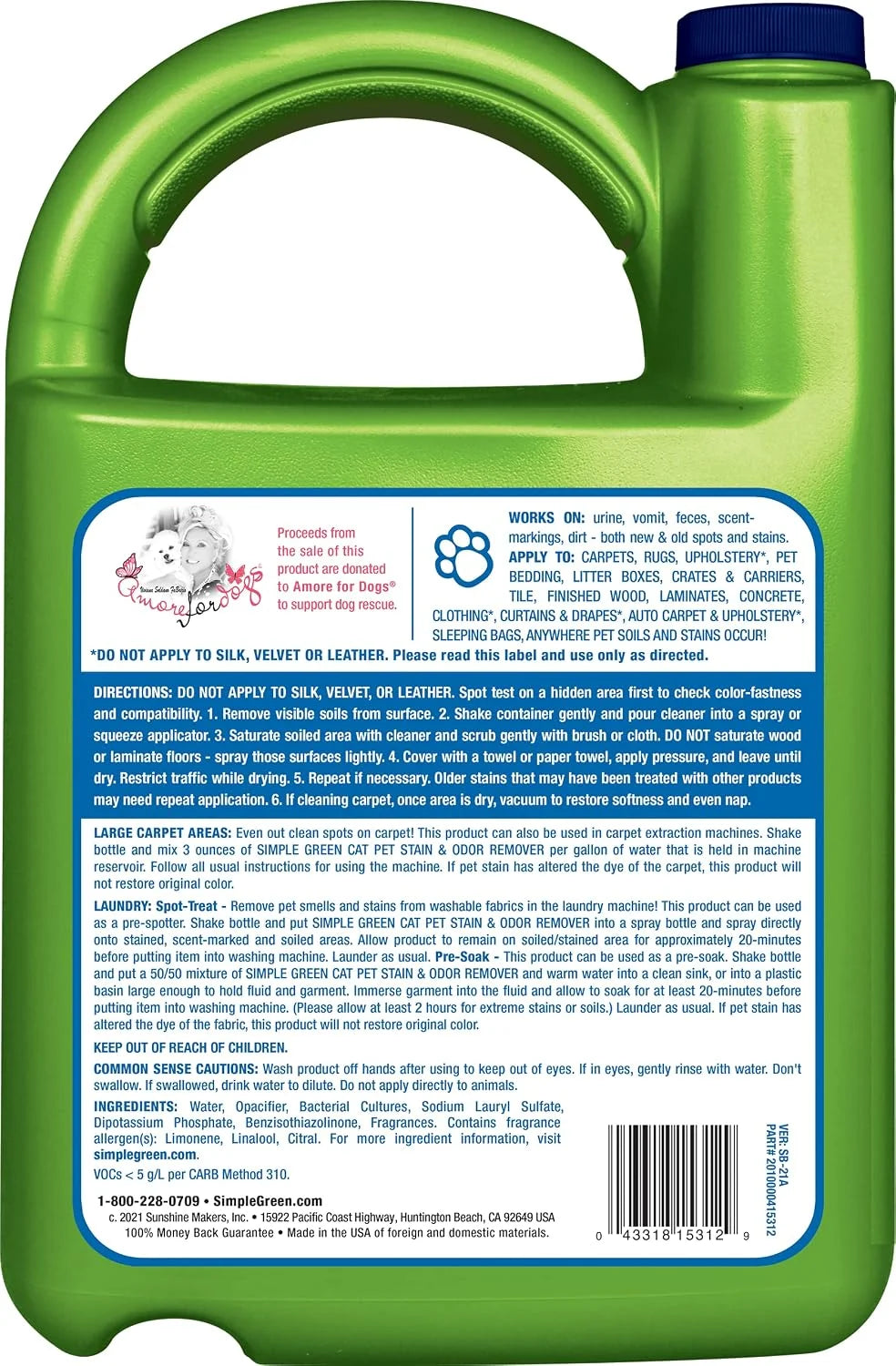 Simple Green Cat Stain & Odor Remover - Enzyme Cleaner for Cat Urine, Feces, Blood, Vomit (1 Gallon Refill) (Pack of 2)