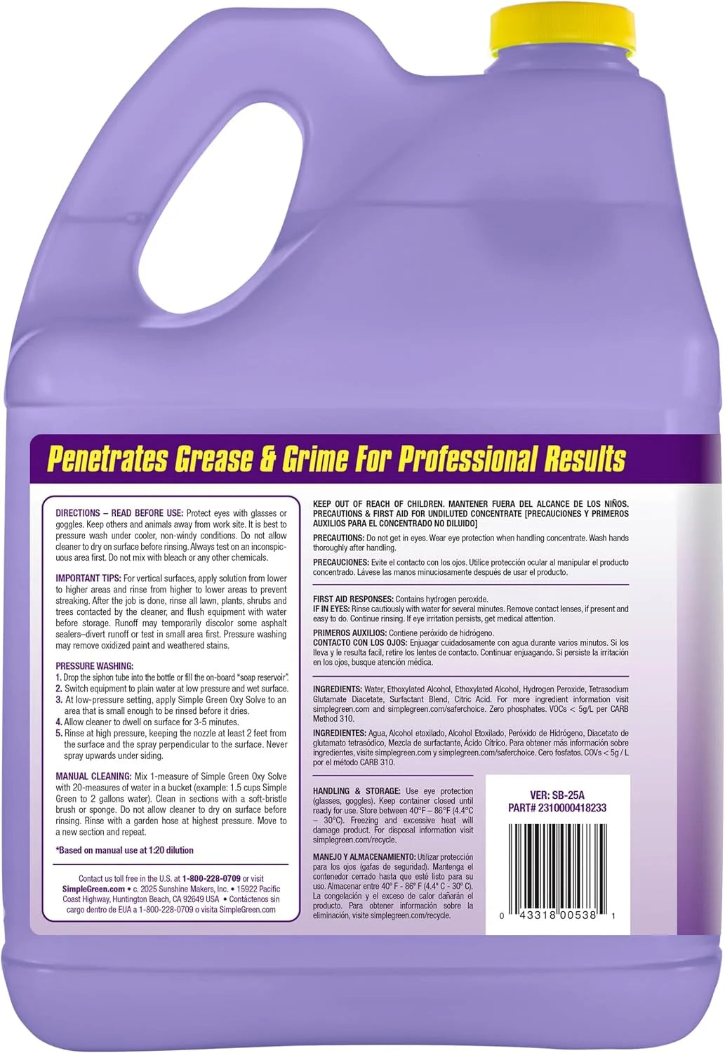 Simple Green Oxy Solve Concrete and Driveway Pressure Washer Cleaner, Purple, Unscented, 128 Fl.Oz